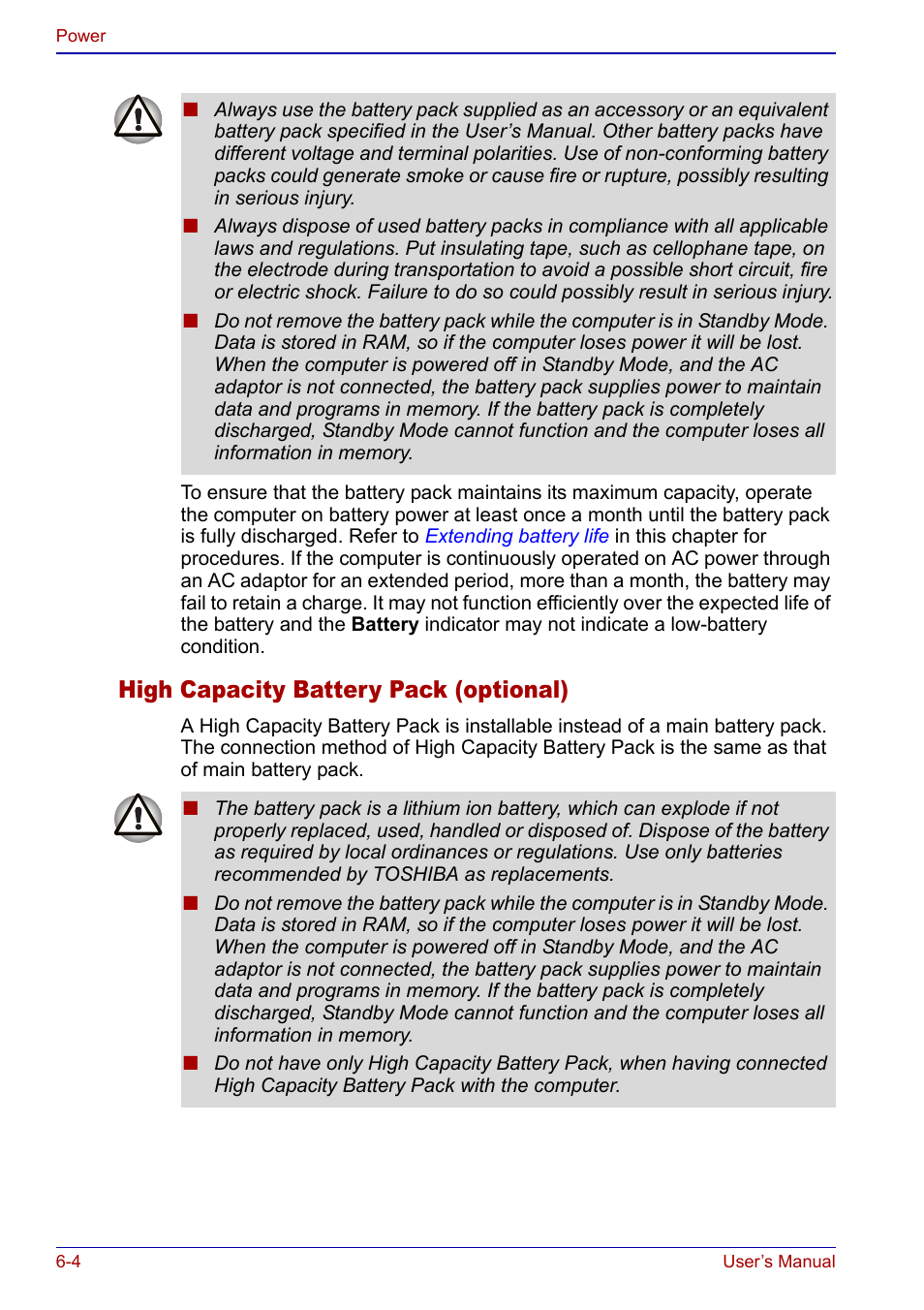 High capacity battery pack (optional) | Toshiba Qosmio F20 (PQF22) User Manual | Page 114 / 282
