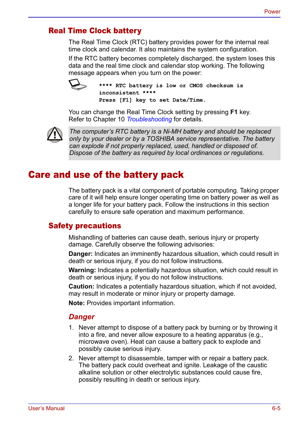 Care and use of the battery pack, Care and use of the battery pack -5 | Toshiba Qosmio F20 (PQF22) User Manual | Page 115 / 282