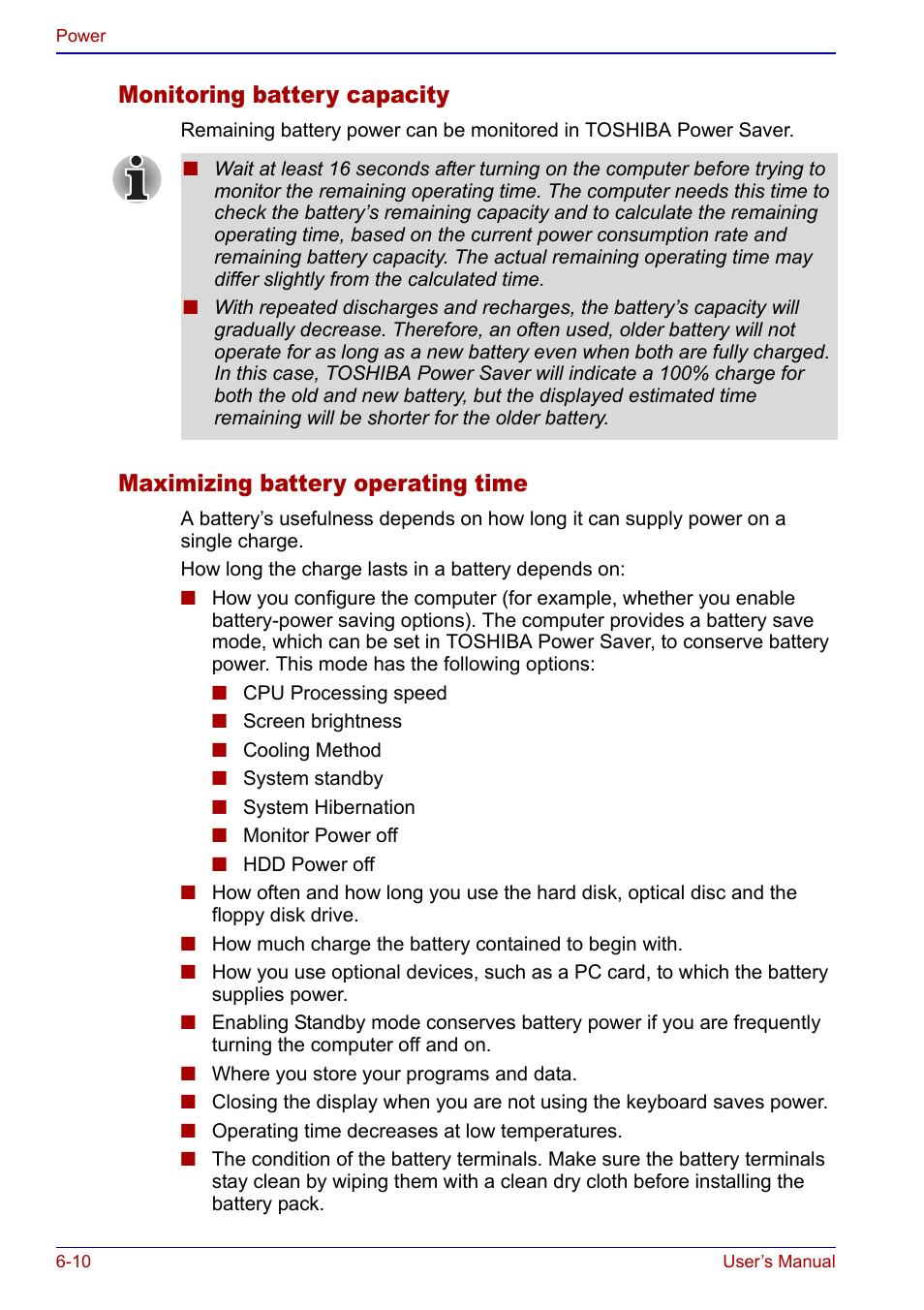 Monitoring battery capacity, Maximizing battery operating time | Toshiba Qosmio F20 (PQF22) User Manual | Page 120 / 282