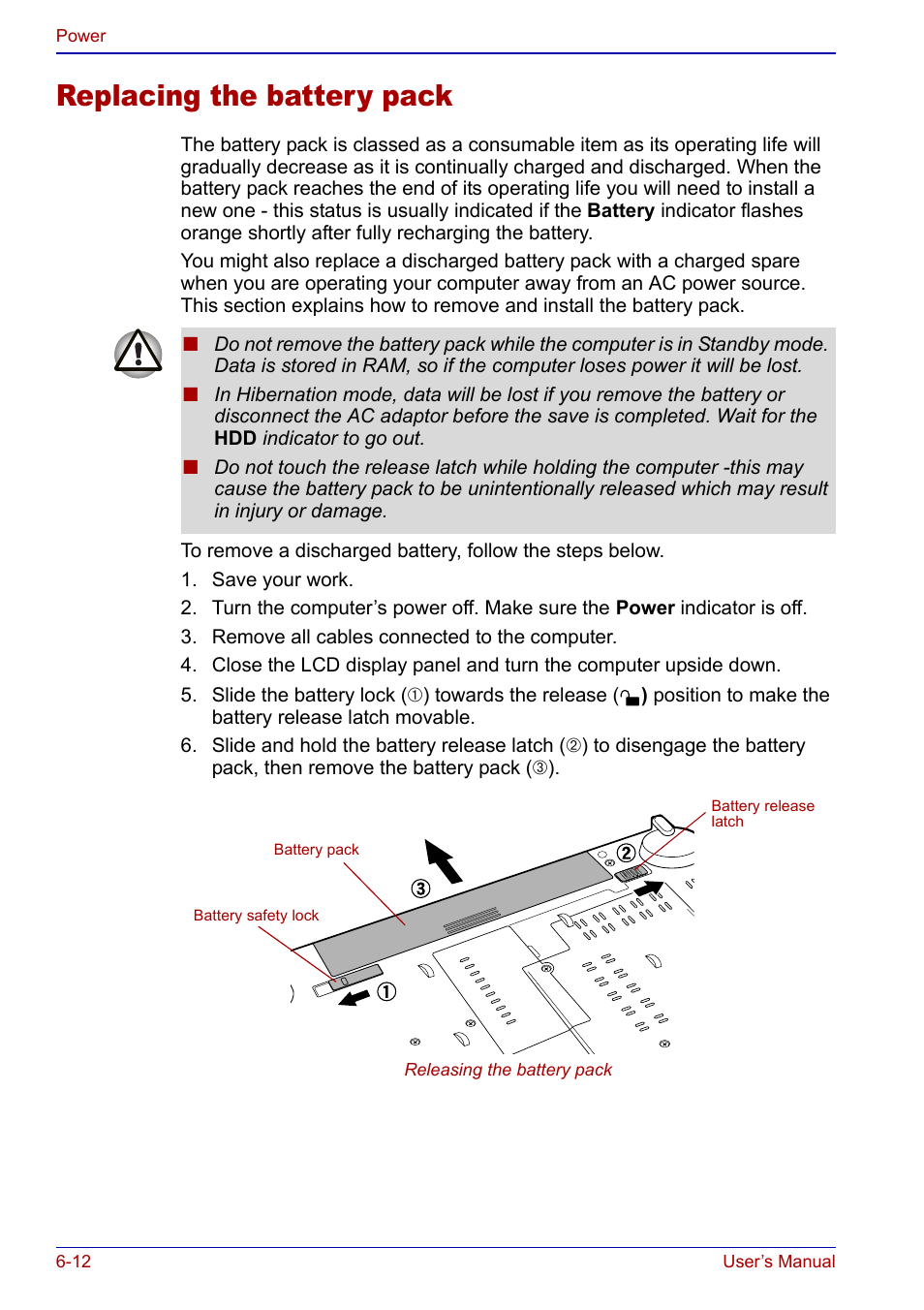 Replacing the battery pack, Replacing the battery pack -12 | Toshiba Qosmio F20 (PQF22) User Manual | Page 122 / 282