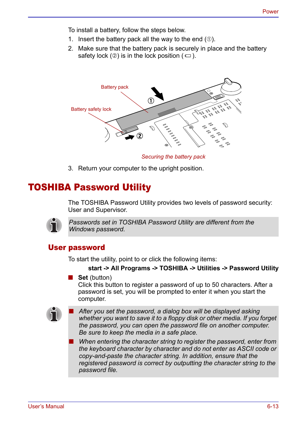 Toshiba password utility, Toshiba password utility -13, User password | Toshiba Qosmio F20 (PQF22) User Manual | Page 123 / 282