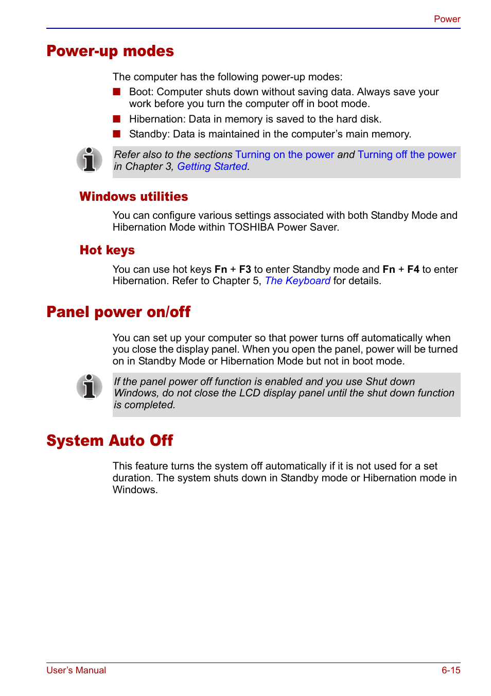 Power-up modes, Panel power on/off, System auto off | Toshiba Qosmio F20 (PQF22) User Manual | Page 125 / 282