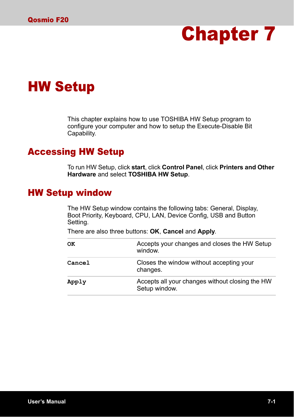 Chapter 7 - hw setup, Accessing hw setup, Hw setup window | Chapter 7, Hw setup, Accessing hw setup -1 hw setup window -1 | Toshiba Qosmio F20 (PQF22) User Manual | Page 127 / 282