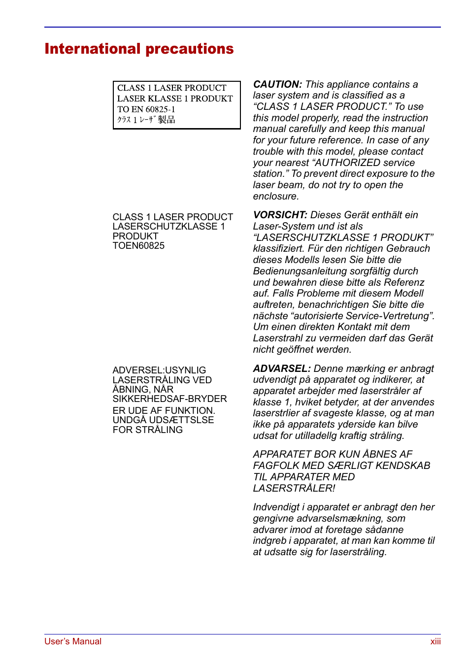 International precautions | Toshiba Qosmio F20 (PQF22) User Manual | Page 13 / 282
