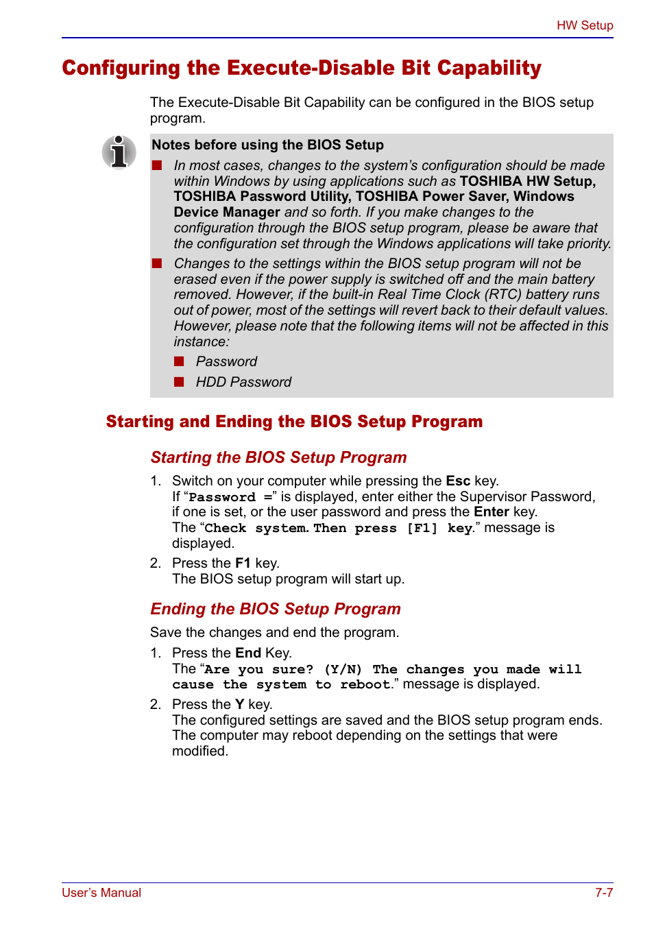 Configuring the execute-disable bit capability, Configuring the execute-disable bit capability -7, Starting and ending the bios setup program | Toshiba Qosmio F20 (PQF22) User Manual | Page 133 / 282