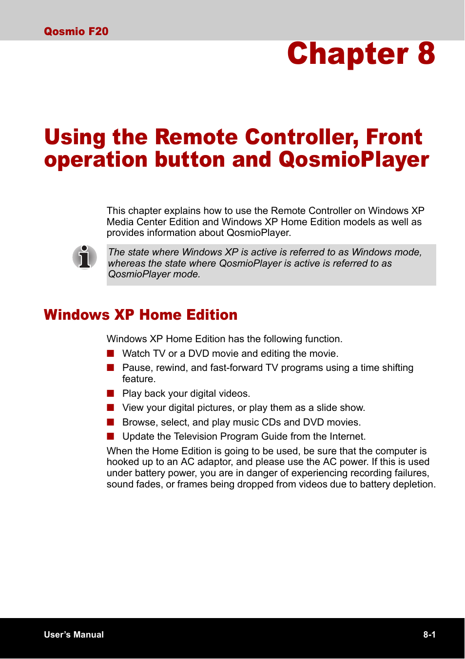 Windows xp home edition, Chapter 8, Windows xp home edition -1 | Qosmioplayer, Expla, Using the remote, Controller, front operation button and, Apter 8, Using the remote controller, Front operation button and qosmioplayer | Toshiba Qosmio F20 (PQF22) User Manual | Page 135 / 282