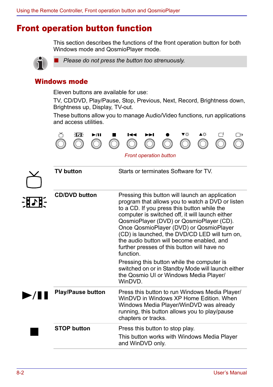 Front operation button function, Front operation button function -2, Windows mode | Toshiba Qosmio F20 (PQF22) User Manual | Page 136 / 282