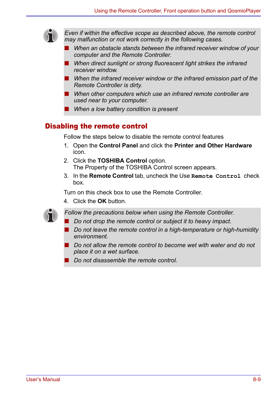 Disabling the remote control | Toshiba Qosmio F20 (PQF22) User Manual | Page 143 / 282