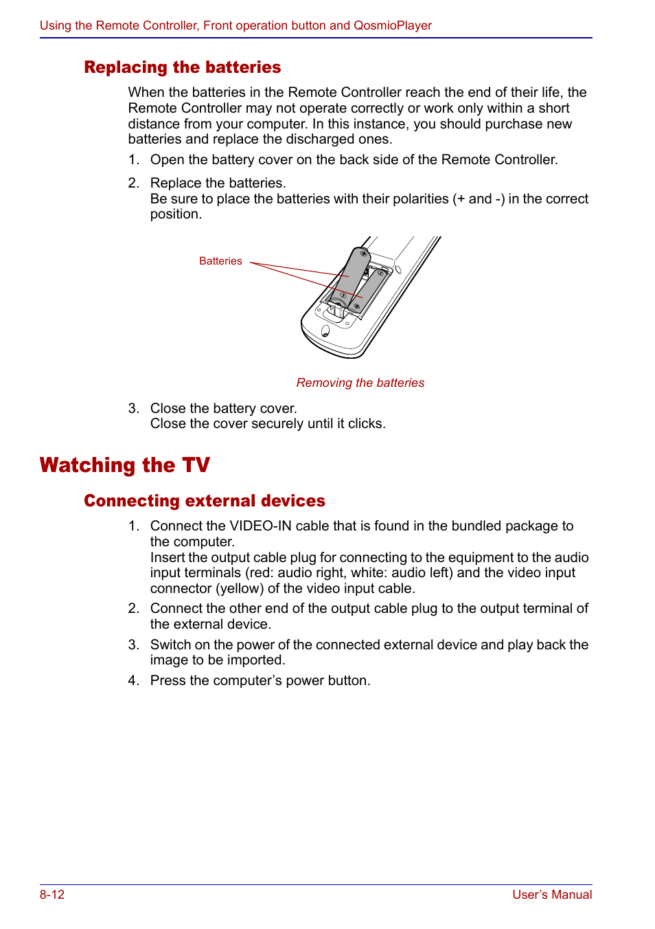 Watching the tv, Watching the tv -12, Replacing the batteries | Connecting external devices | Toshiba Qosmio F20 (PQF22) User Manual | Page 146 / 282