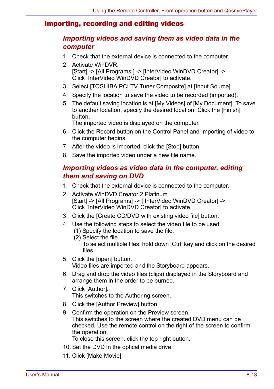 Importing, recording and editing videos | Toshiba Qosmio F20 (PQF22) User Manual | Page 147 / 282