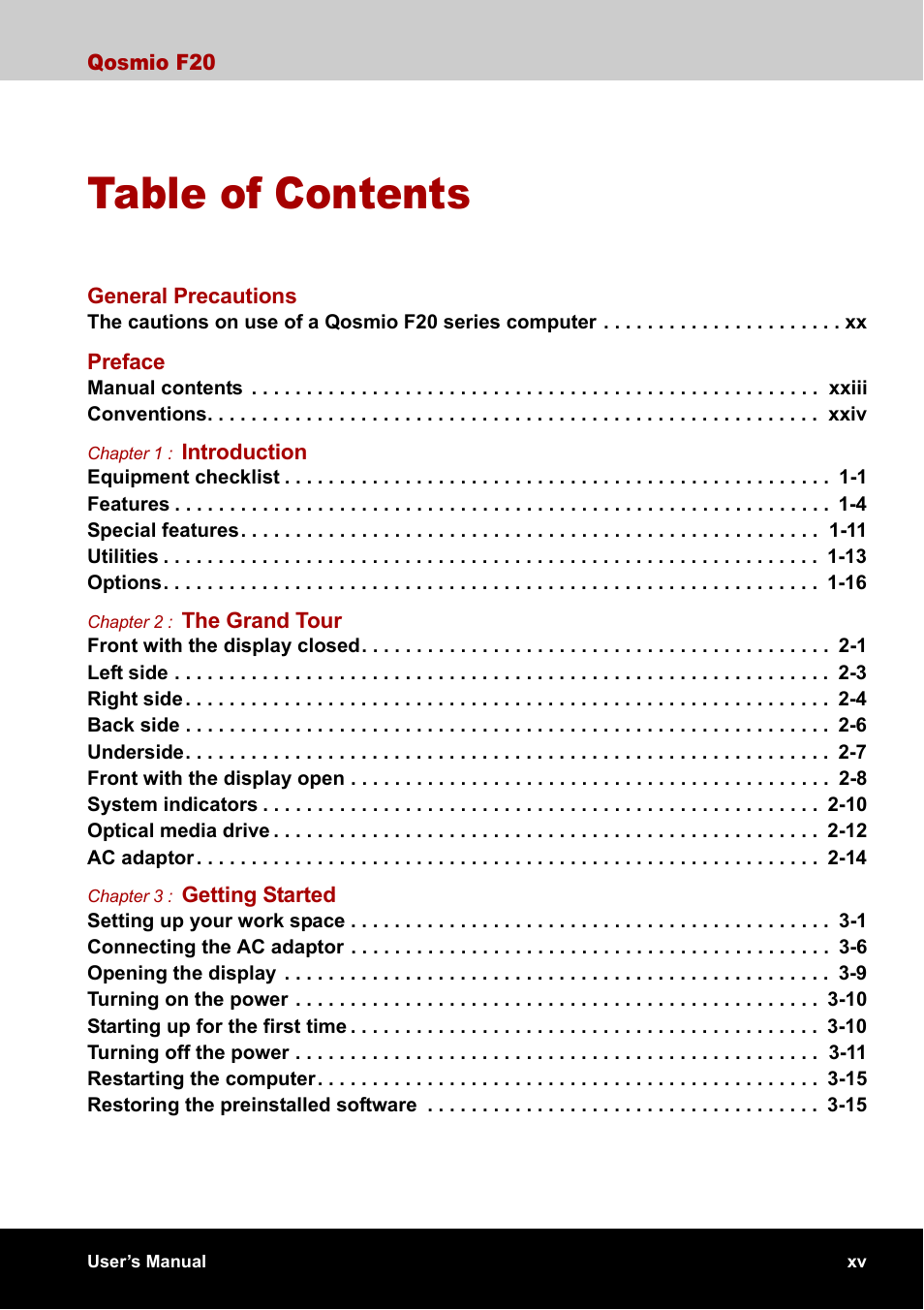 Toshiba Qosmio F20 (PQF22) User Manual | Page 15 / 282
