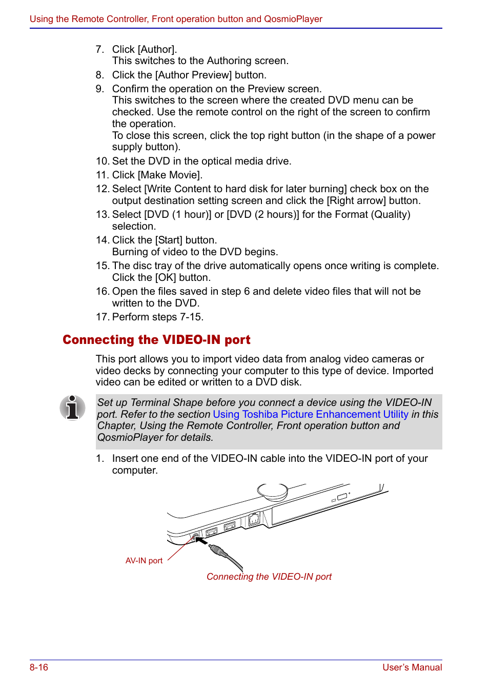 Connecting the video-in port | Toshiba Qosmio F20 (PQF22) User Manual | Page 150 / 282