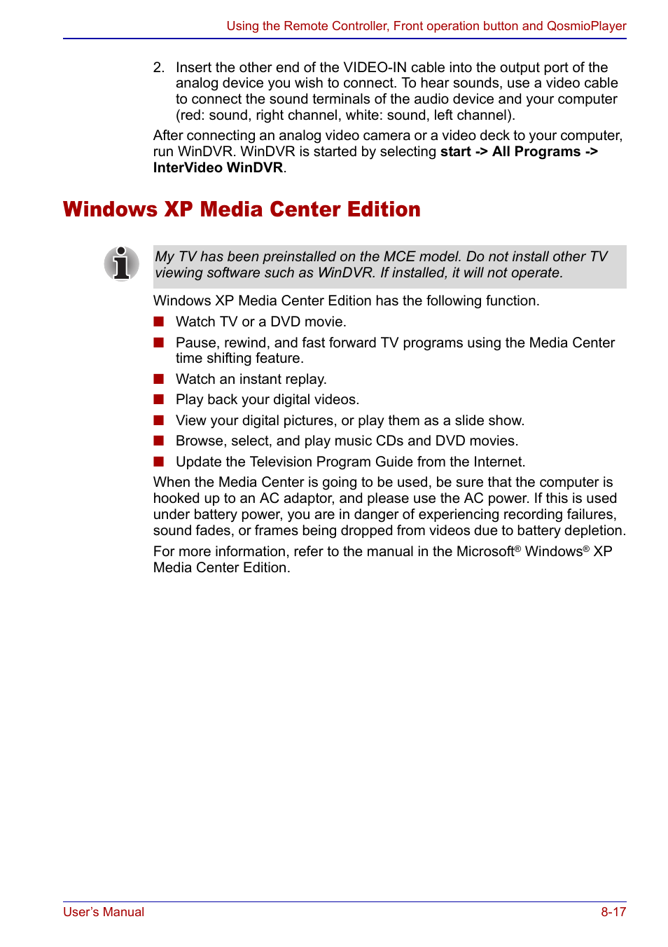 Windows xp media center edition, Windows xp media center edition -17 | Toshiba Qosmio F20 (PQF22) User Manual | Page 151 / 282
