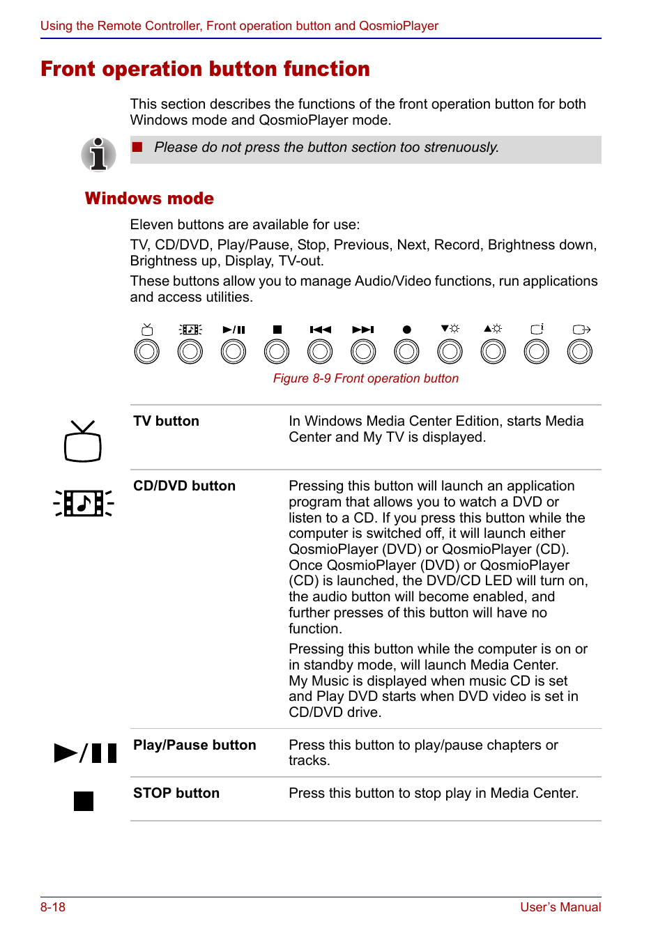 Front operation button function, Front operation button function -18, Windows mode | Toshiba Qosmio F20 (PQF22) User Manual | Page 152 / 282