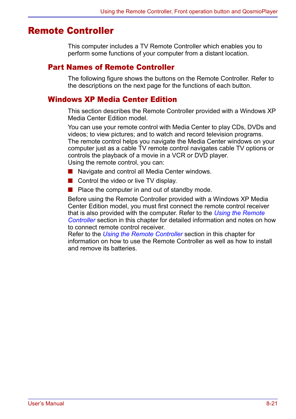 Remote controller, Remote controller -21, Part names of remote controller | Windows xp media center edition | Toshiba Qosmio F20 (PQF22) User Manual | Page 155 / 282