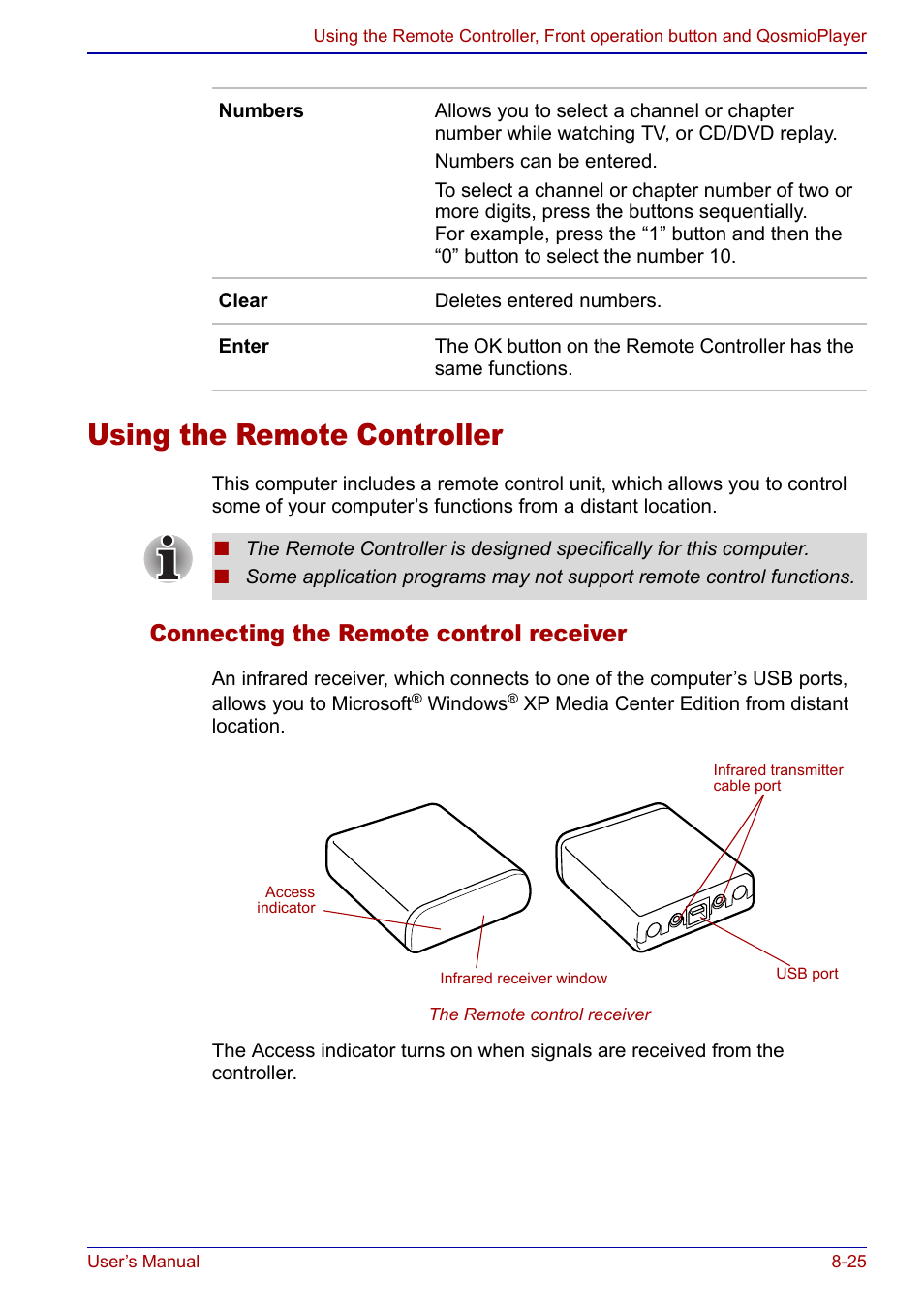 Using the remote controller, Using the remote controller -25, Using the remote | Controller, Connecting the remote control receiver | Toshiba Qosmio F20 (PQF22) User Manual | Page 159 / 282