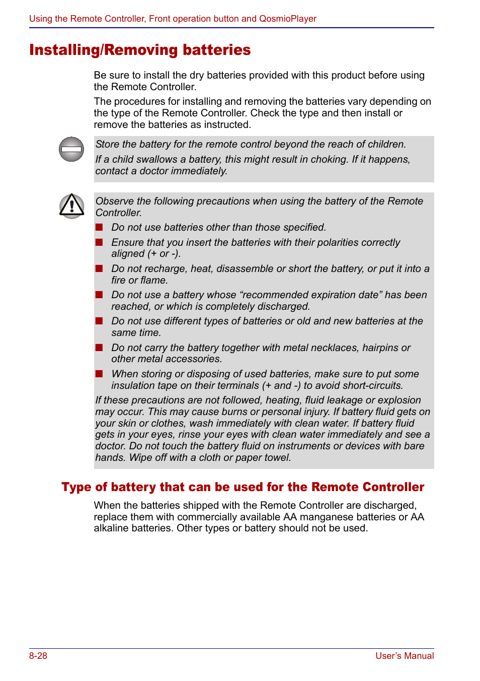 Installing/removing batteries, Installing/removing batteries -28 | Toshiba Qosmio F20 (PQF22) User Manual | Page 162 / 282