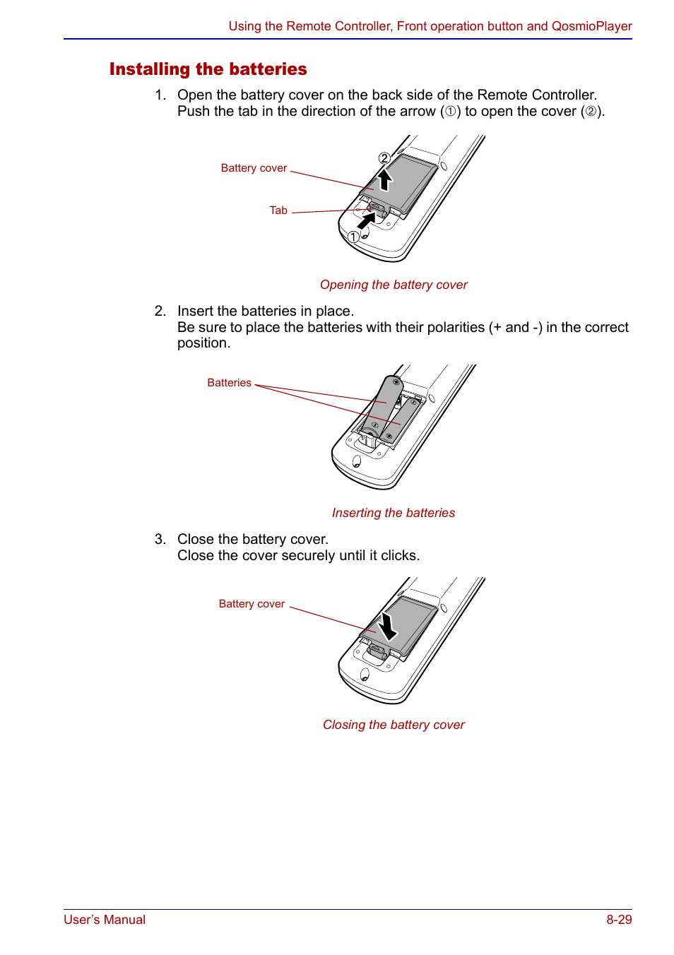 Installing the batteries | Toshiba Qosmio F20 (PQF22) User Manual | Page 163 / 282