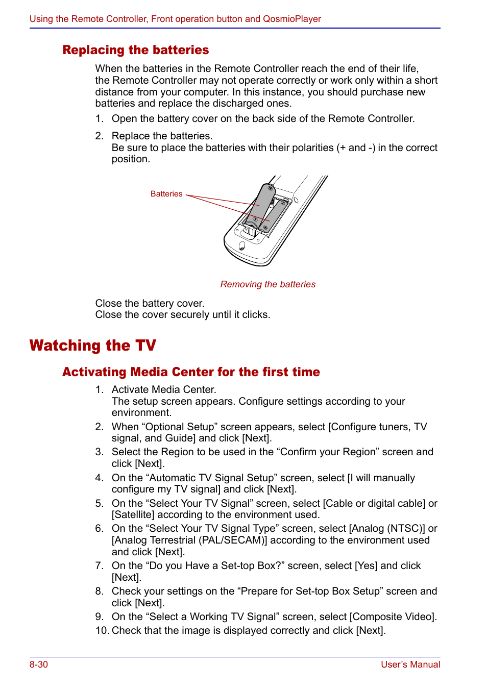 Watching the tv, Watching the tv -30, Replacing the batteries | Activating media center for the first time | Toshiba Qosmio F20 (PQF22) User Manual | Page 164 / 282