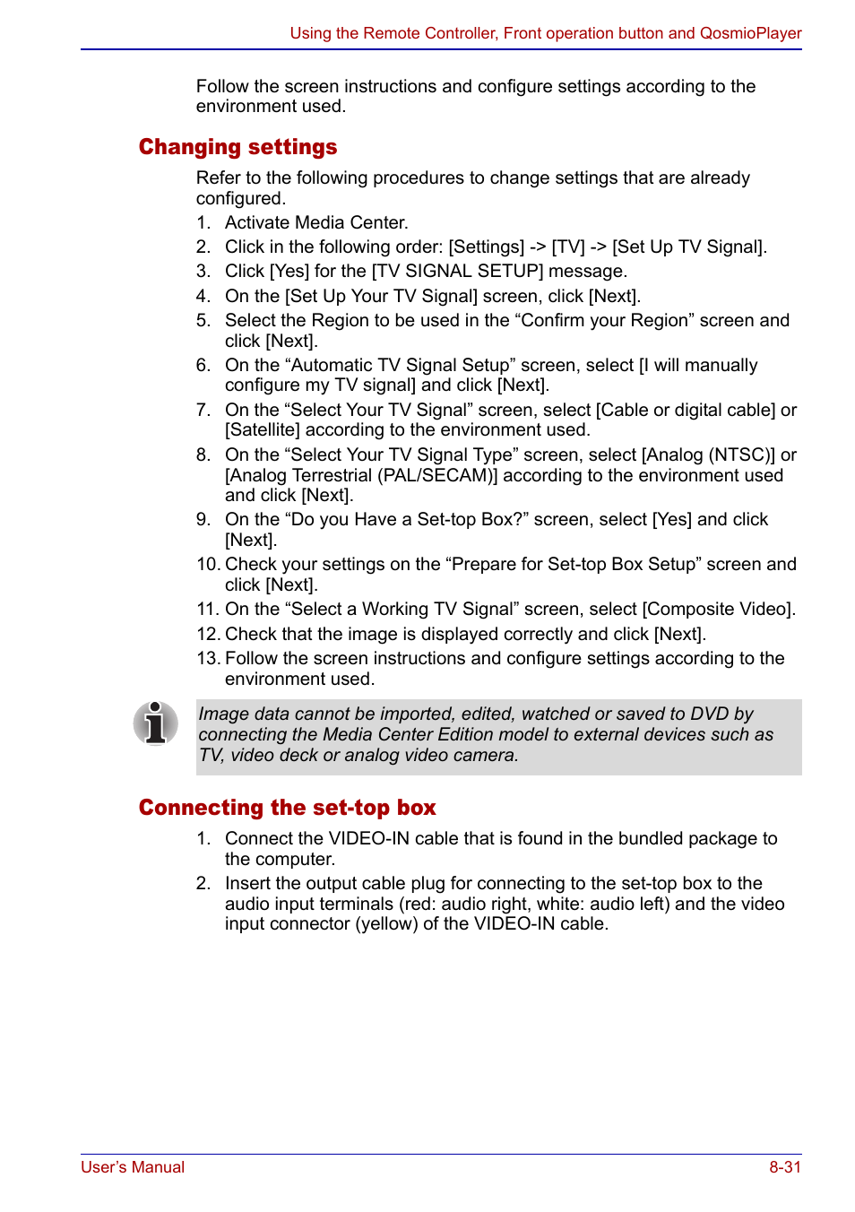 Changing settings, Connecting the set-top box | Toshiba Qosmio F20 (PQF22) User Manual | Page 165 / 282