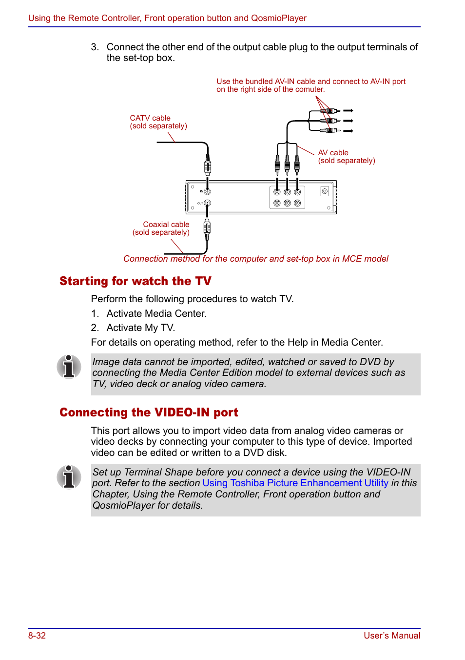 Starting for watch the tv, Connecting the video-in port | Toshiba Qosmio F20 (PQF22) User Manual | Page 166 / 282