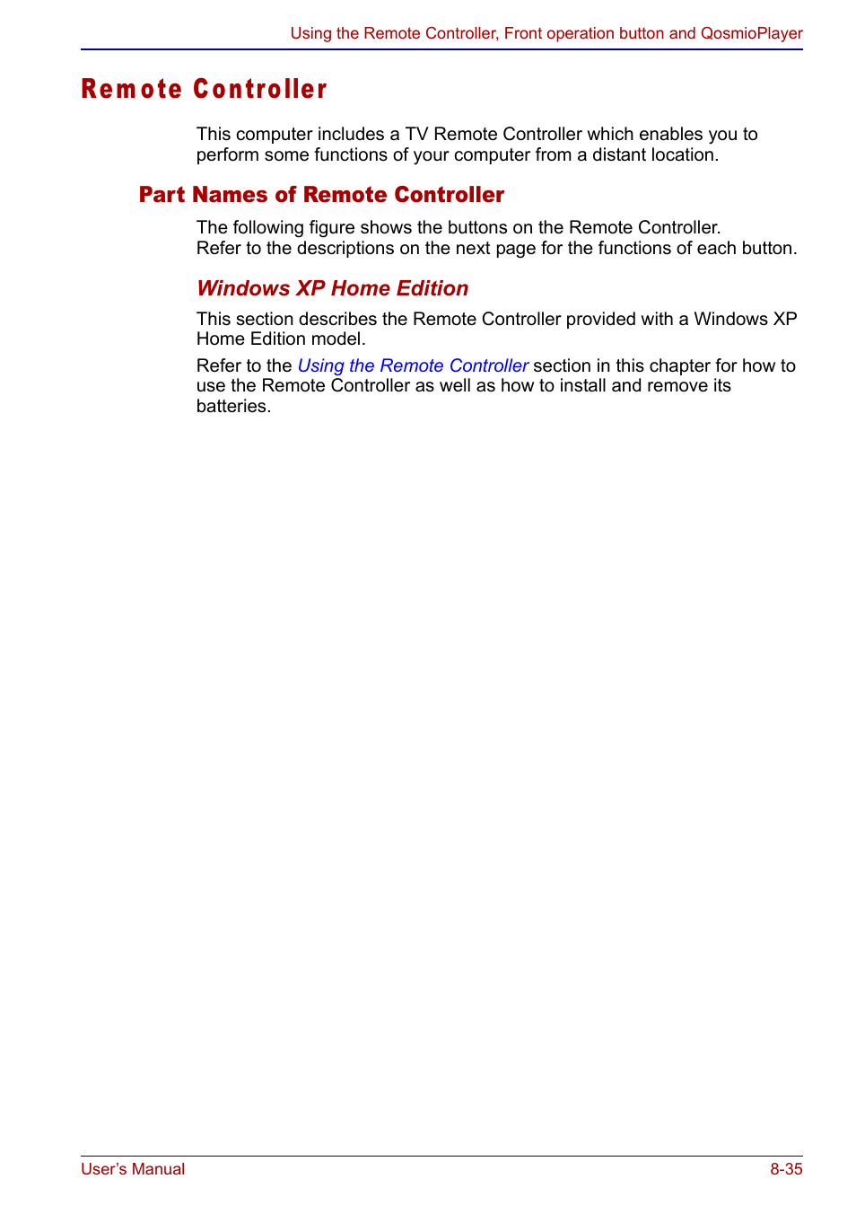 Remote controller, Remote controller -35, Rem ote controller | Toshiba Qosmio F20 (PQF22) User Manual | Page 169 / 282