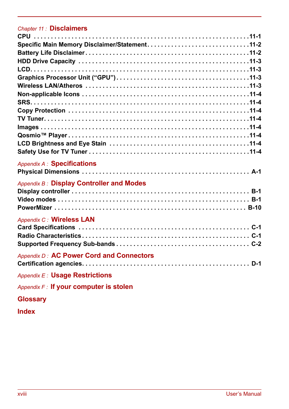 Toshiba Qosmio F20 (PQF22) User Manual | Page 18 / 282