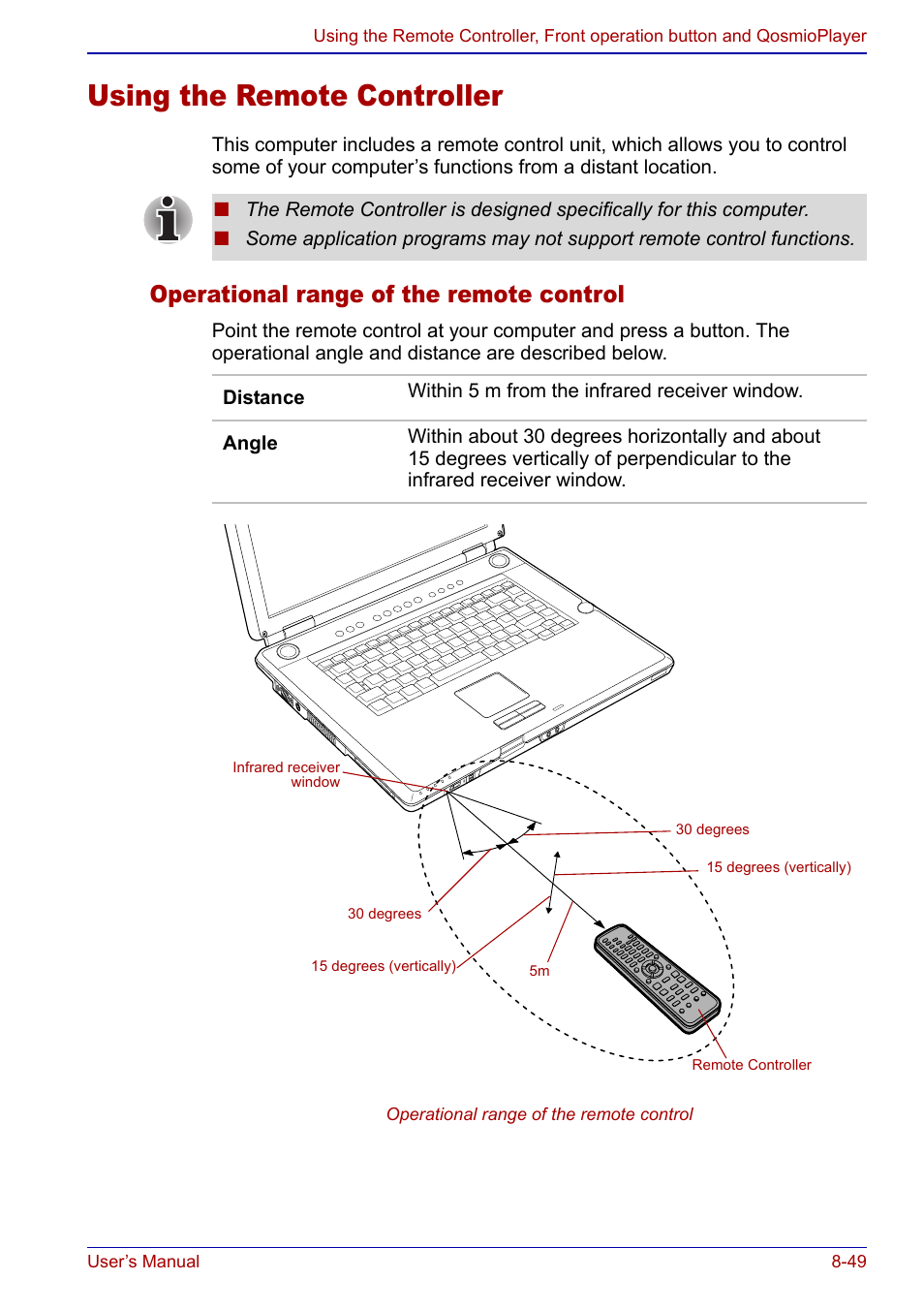 Using the remote controller, Using the remote controller -49, Operational range of the remote control | Toshiba Qosmio F20 (PQF22) User Manual | Page 183 / 282
