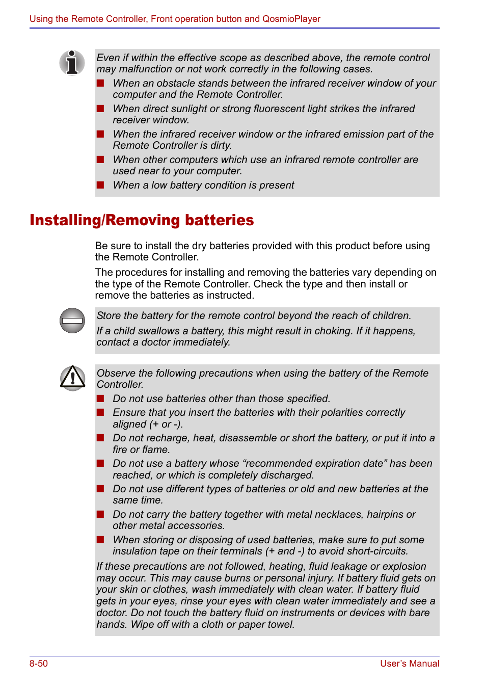 Installing/removing batteries, Installing/removing batteries -50 | Toshiba Qosmio F20 (PQF22) User Manual | Page 184 / 282