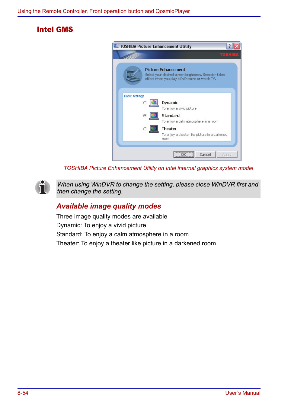 Intel gms, Available image quality modes | Toshiba Qosmio F20 (PQF22) User Manual | Page 188 / 282