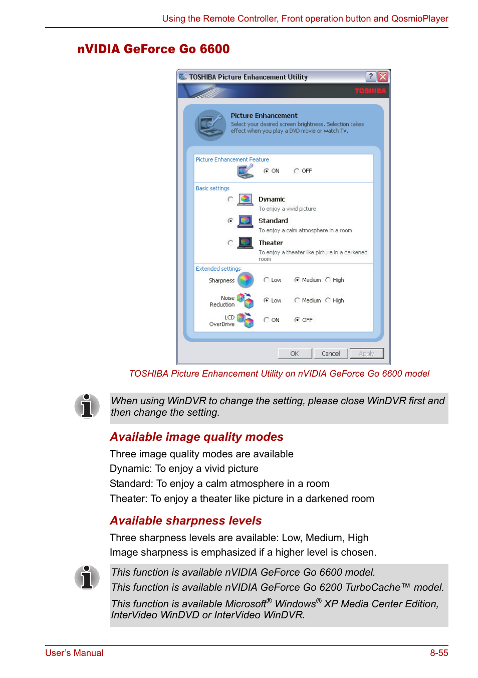 Nvidia geforce go 6600, Available image quality modes, Available sharpness levels | Toshiba Qosmio F20 (PQF22) User Manual | Page 189 / 282