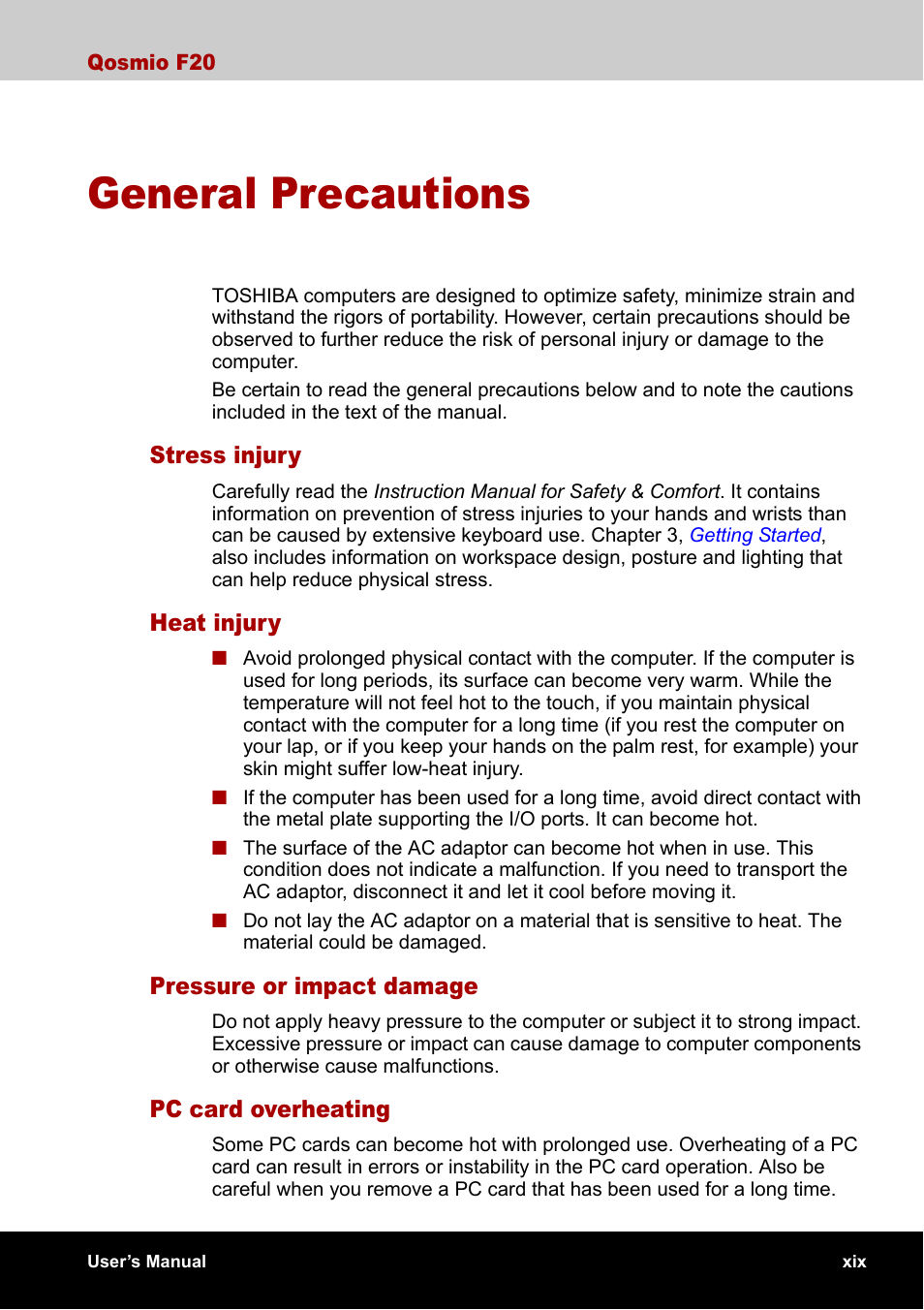 General precautions | Toshiba Qosmio F20 (PQF22) User Manual | Page 19 / 282