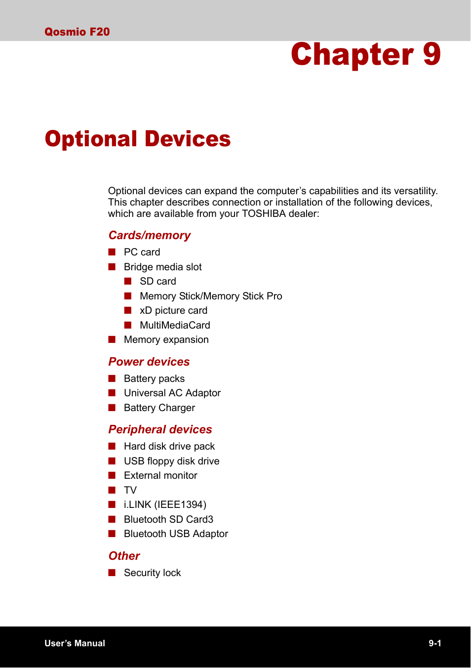 Chapter 9 - optional devices, Chapter 9, Optional devices | Apter 9 | Toshiba Qosmio F20 (PQF22) User Manual | Page 193 / 282