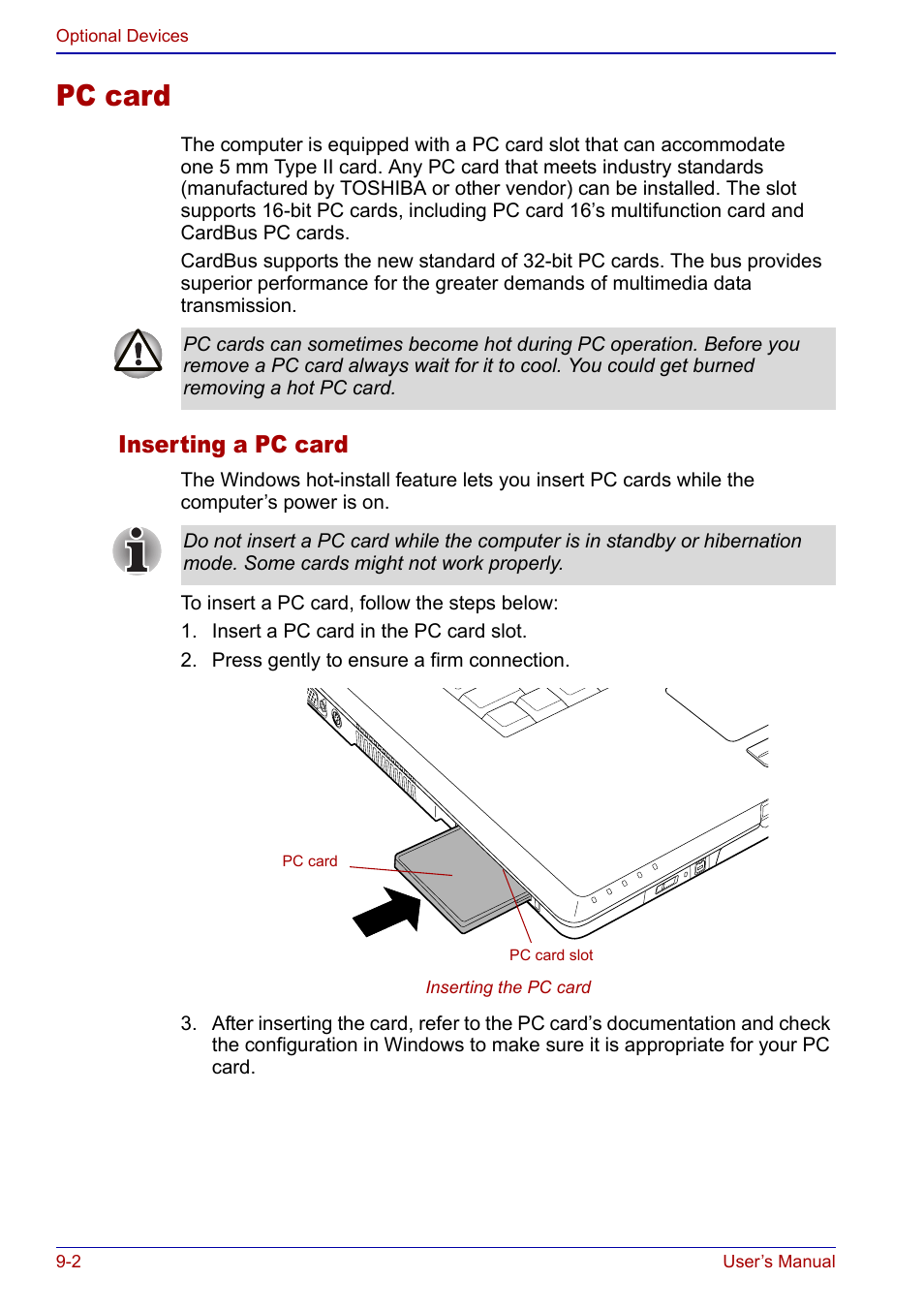 Pc card, Pc card -2, Inserting a pc card | Toshiba Qosmio F20 (PQF22) User Manual | Page 194 / 282