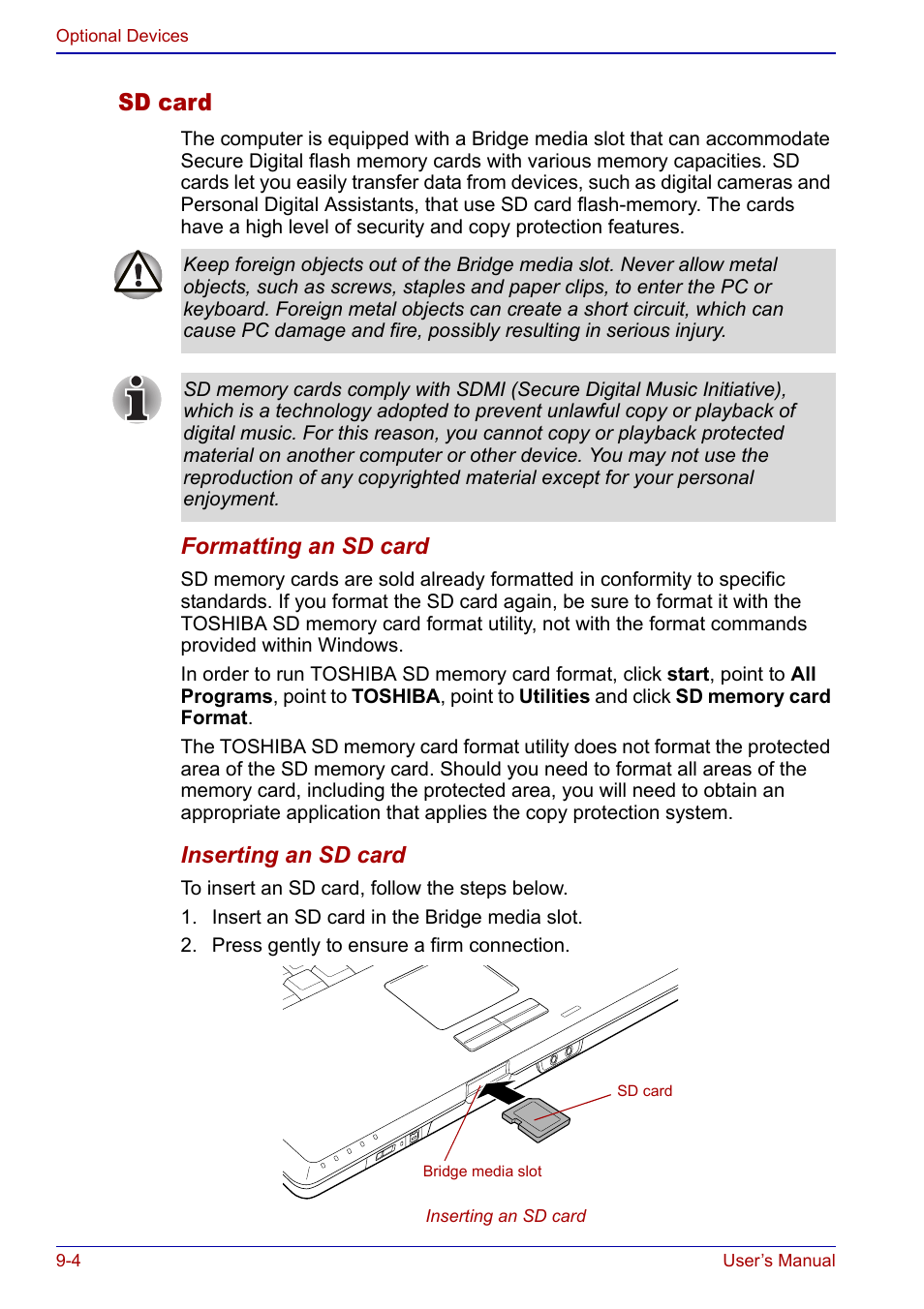 Sd card | Toshiba Qosmio F20 (PQF22) User Manual | Page 196 / 282