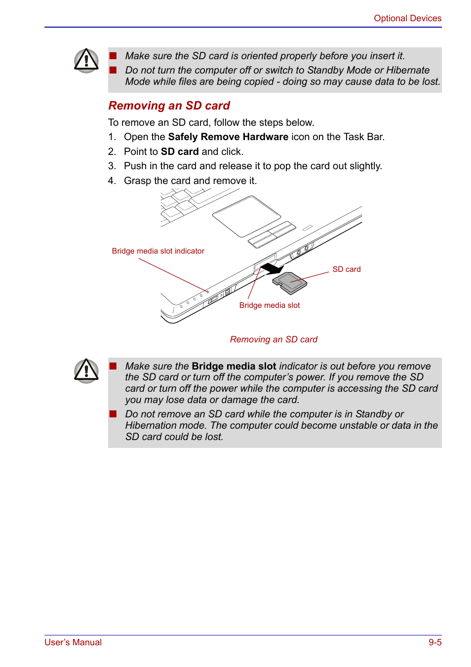Removing an sd card | Toshiba Qosmio F20 (PQF22) User Manual | Page 197 / 282