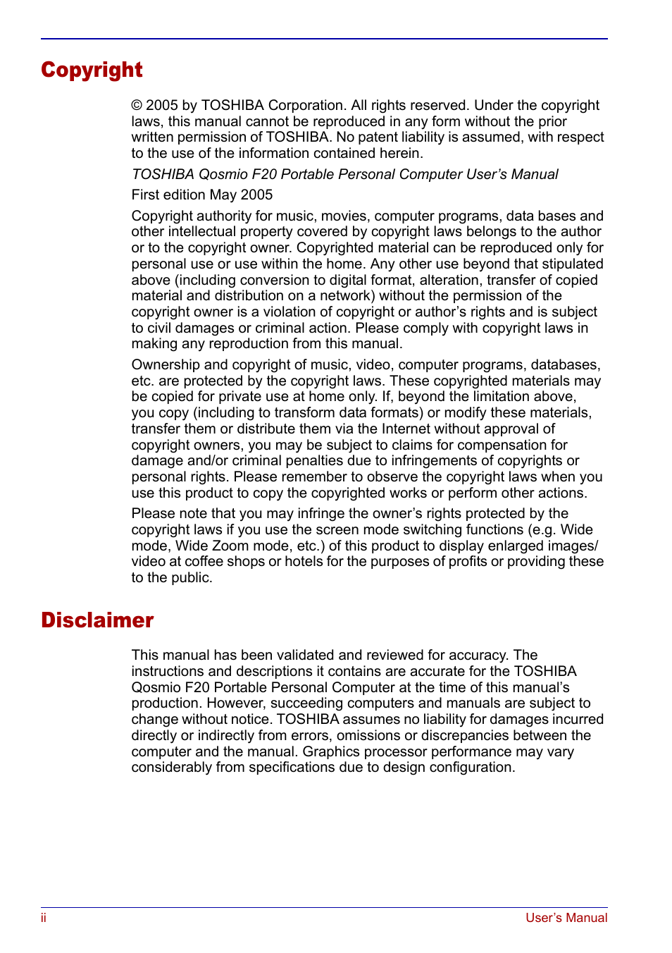 Copyright, Disclaimer | Toshiba Qosmio F20 (PQF22) User Manual | Page 2 / 282