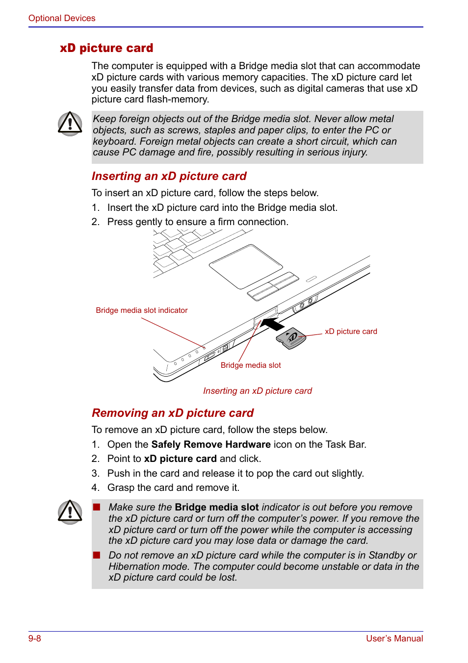 Xd picture card | Toshiba Qosmio F20 (PQF22) User Manual | Page 200 / 282