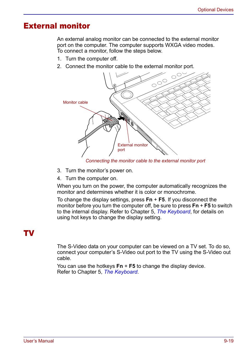 External monitor, External monitor -19 tv -19, To external devices. refer to | Section | Toshiba Qosmio F20 (PQF22) User Manual | Page 211 / 282