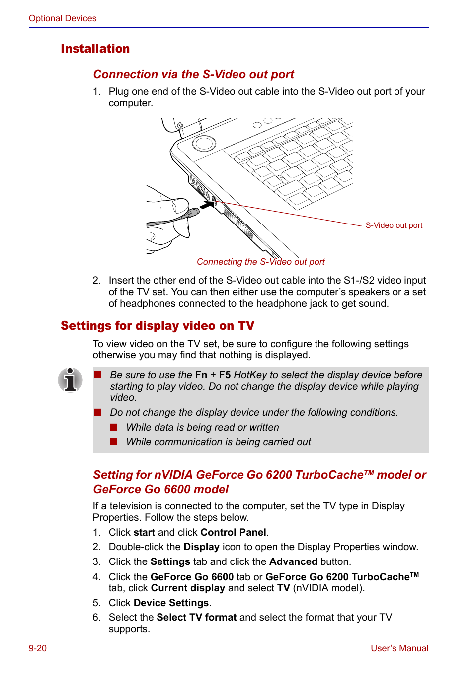 Installation, Settings for display video on tv | Toshiba Qosmio F20 (PQF22) User Manual | Page 212 / 282