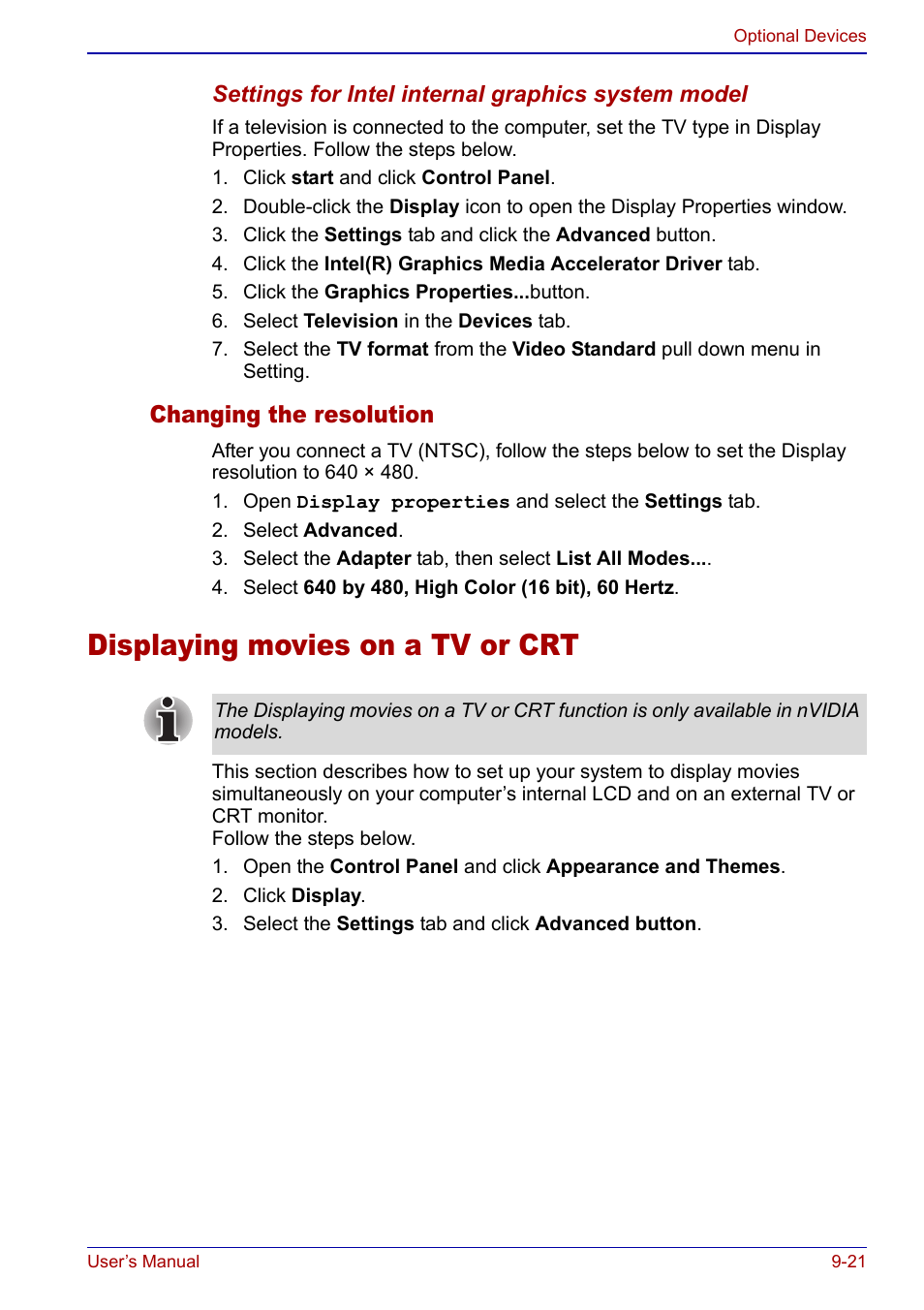 Displaying movies on a tv or crt, Displaying movies on a tv or crt -21 | Toshiba Qosmio F20 (PQF22) User Manual | Page 213 / 282