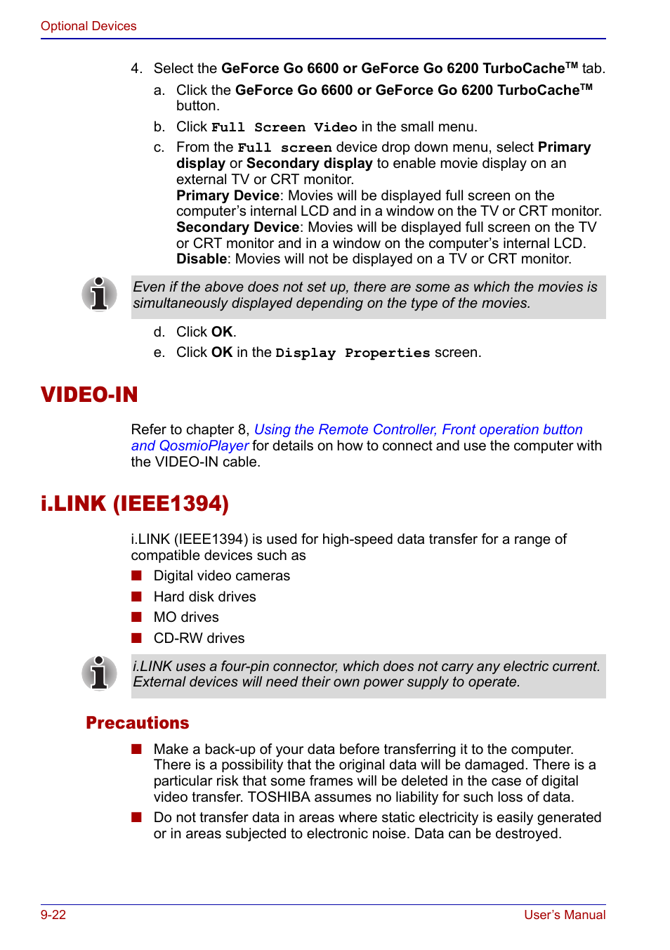 Video-in, I.link (ieee1394), Video-in -22 i.link (ieee1394) -22 | Precautions | Toshiba Qosmio F20 (PQF22) User Manual | Page 214 / 282