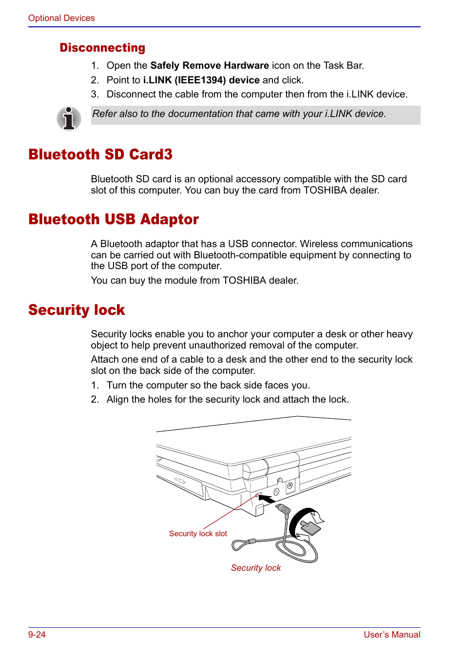 Bluetooth sd card3, Bluetooth usb adaptor, Security lock | Toshiba Qosmio F20 (PQF22) User Manual | Page 216 / 282