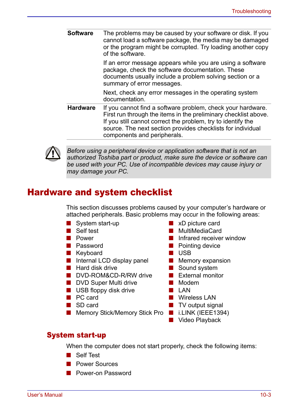 Hardware and system checklist, Hardware and system checklist -3, System start-up | Toshiba Qosmio F20 (PQF22) User Manual | Page 219 / 282