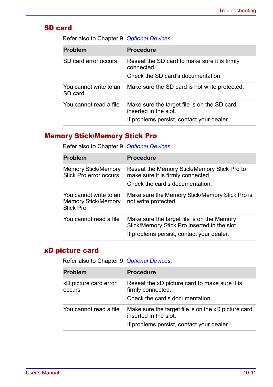 Sd card, Xd picture card | Toshiba Qosmio F20 (PQF22) User Manual | Page 227 / 282