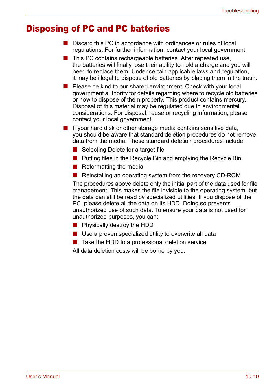 Disposing of pc and pc batteries, Disposing of pc and pc batteries -19 | Toshiba Qosmio F20 (PQF22) User Manual | Page 235 / 282