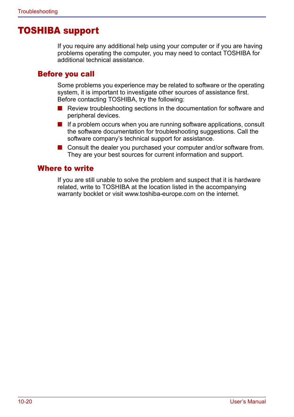 Toshiba support, Toshiba support -20, Before you call | Where to write | Toshiba Qosmio F20 (PQF22) User Manual | Page 236 / 282