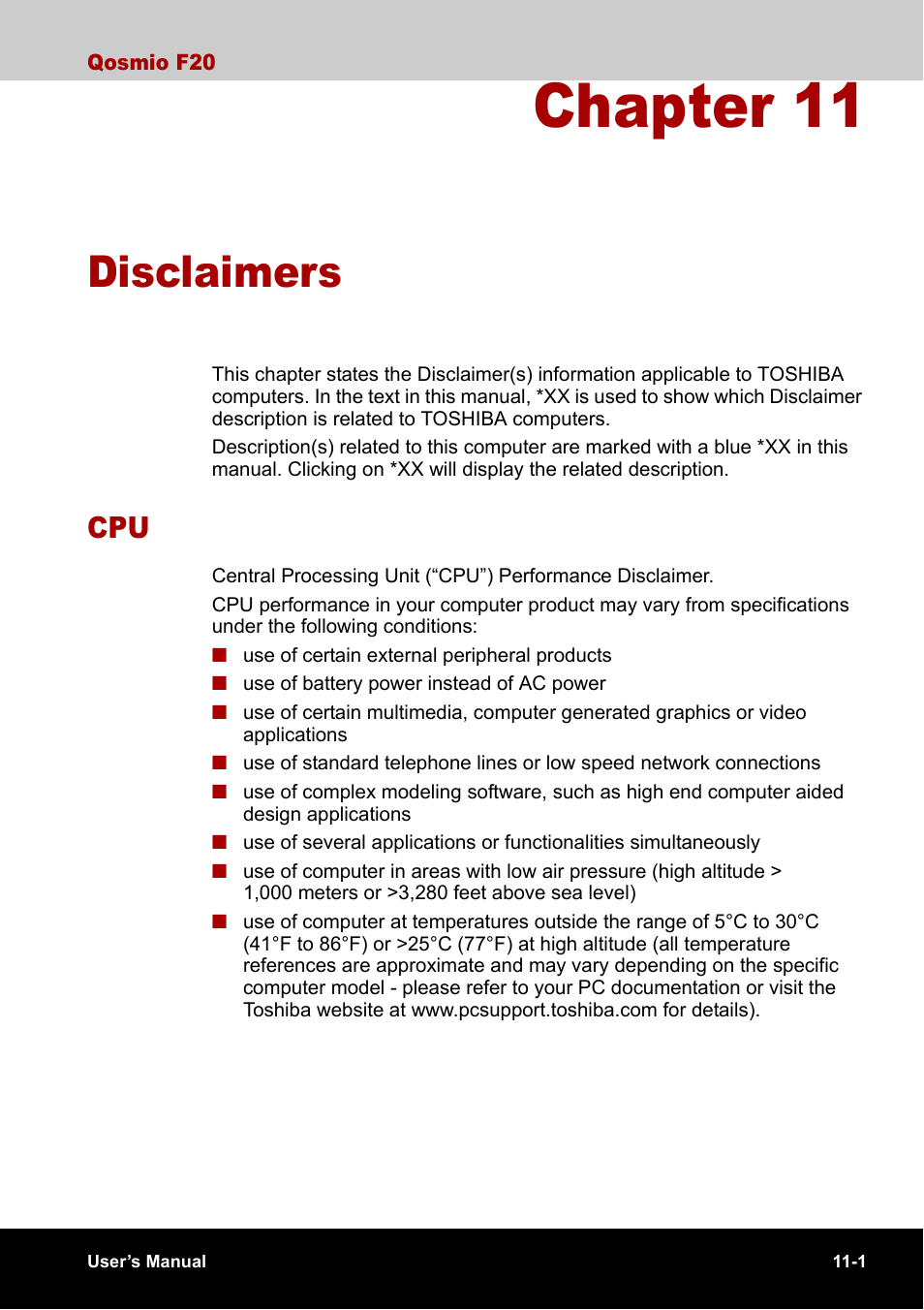 Chapter 11 - disclaimers, Chapter 11, Disclaimers | Cpu -1 | Toshiba Qosmio F20 (PQF22) User Manual | Page 237 / 282