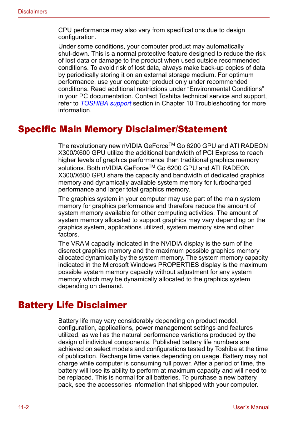 Specific main memory disclaimer/statement, Battery life disclaimer | Toshiba Qosmio F20 (PQF22) User Manual | Page 238 / 282