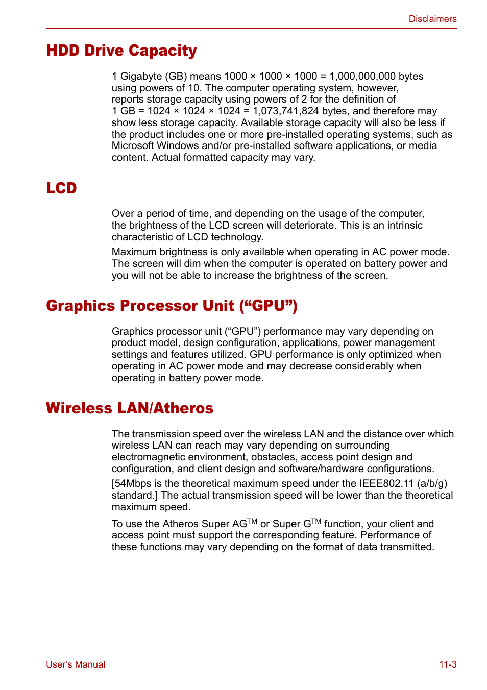 Hdd drive capacity, Graphics processor unit (“gpu”), Wireless lan/atheros | Toshiba Qosmio F20 (PQF22) User Manual | Page 239 / 282